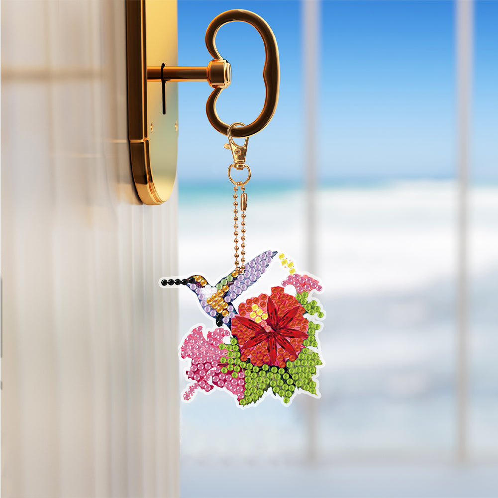 6PCS Double Sided Special Shape Diamond Painting Keychain (Hummingbird Flower)