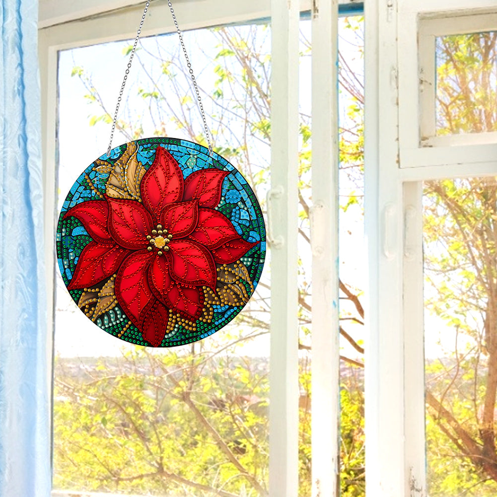 Suncatcher Double Sided Diamond Painting Hanging Decor (Christmas Poinsettia)