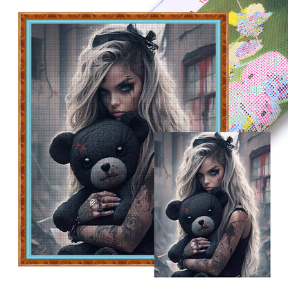 Scary Girl And Black Bear - 11CT Stamped Cross Stitch 50*60CM