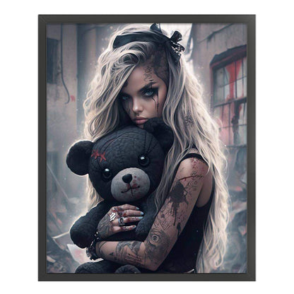 Scary Girl And Black Bear - 11CT Stamped Cross Stitch 50*60CM