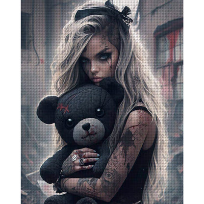 Scary Girl And Black Bear - 11CT Stamped Cross Stitch 50*60CM