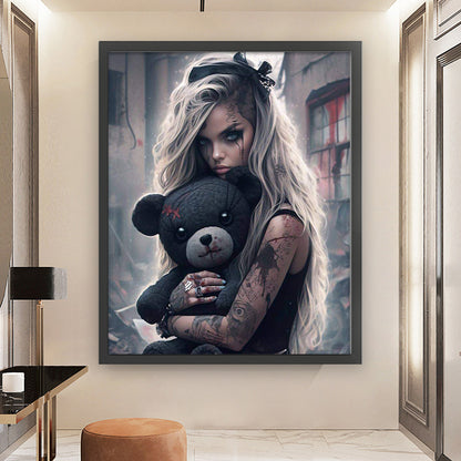 Scary Girl And Black Bear - 11CT Stamped Cross Stitch 50*60CM