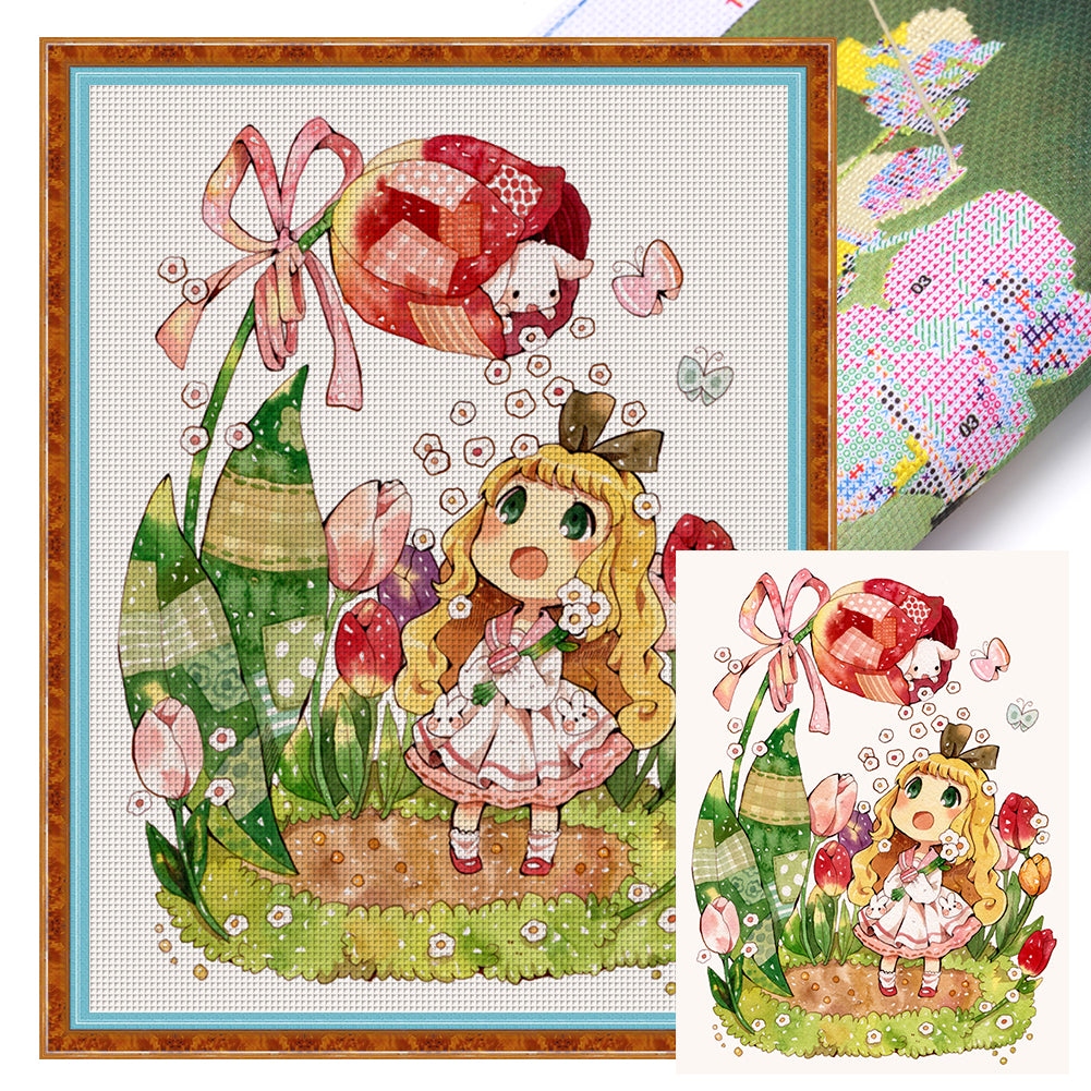 Little Girl And Tulips - 11CT Stamped Cross Stitch 50*65CM