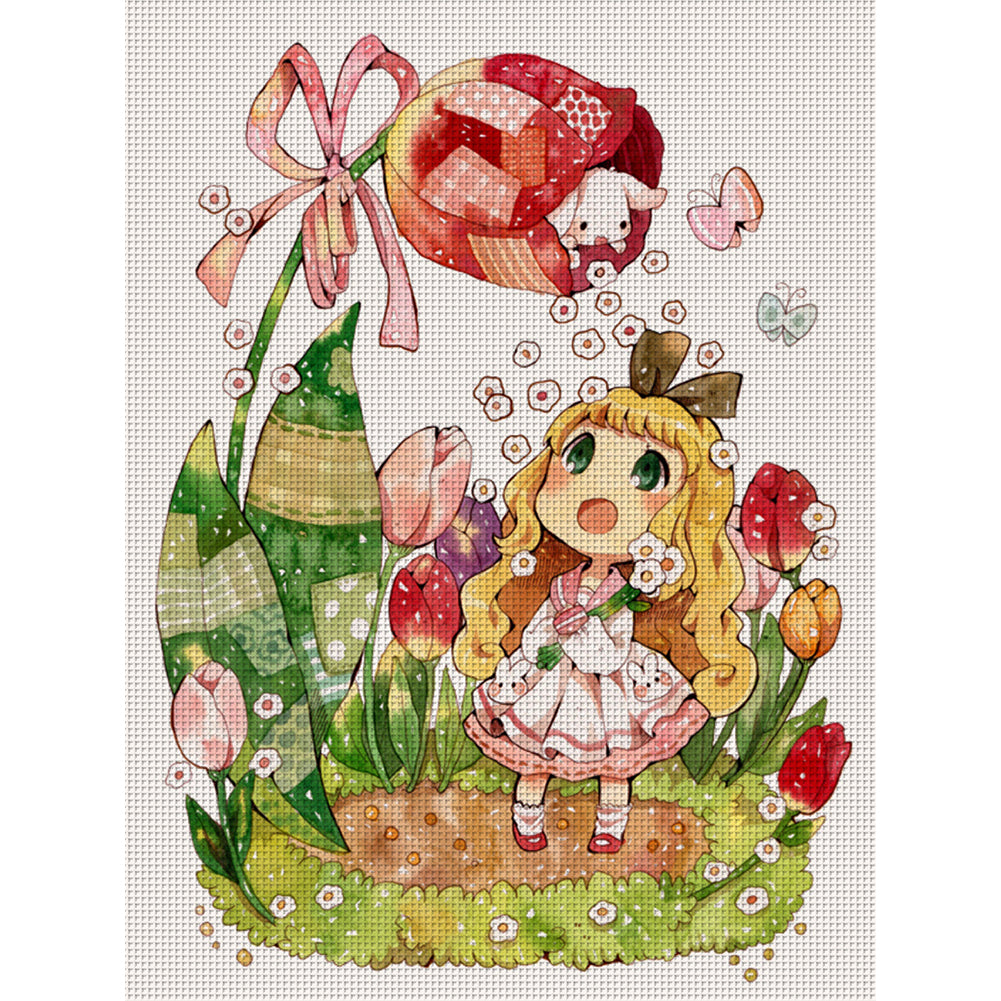 Little Girl And Tulips - 11CT Stamped Cross Stitch 50*65CM