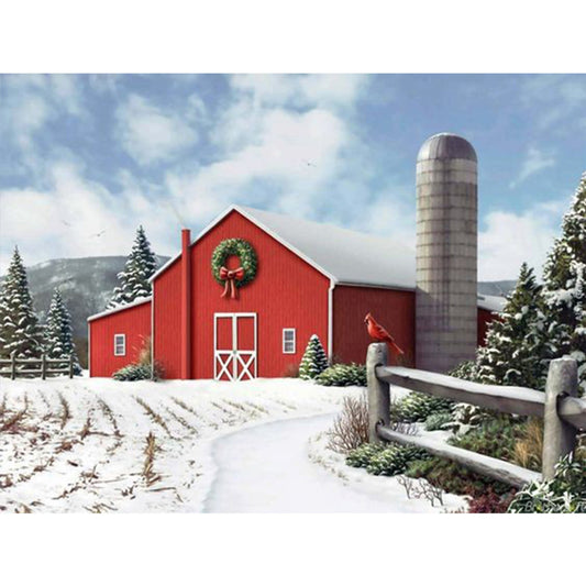 Red House With Snow Scenery - Full Round Drill Diamond Painting 40*30CM