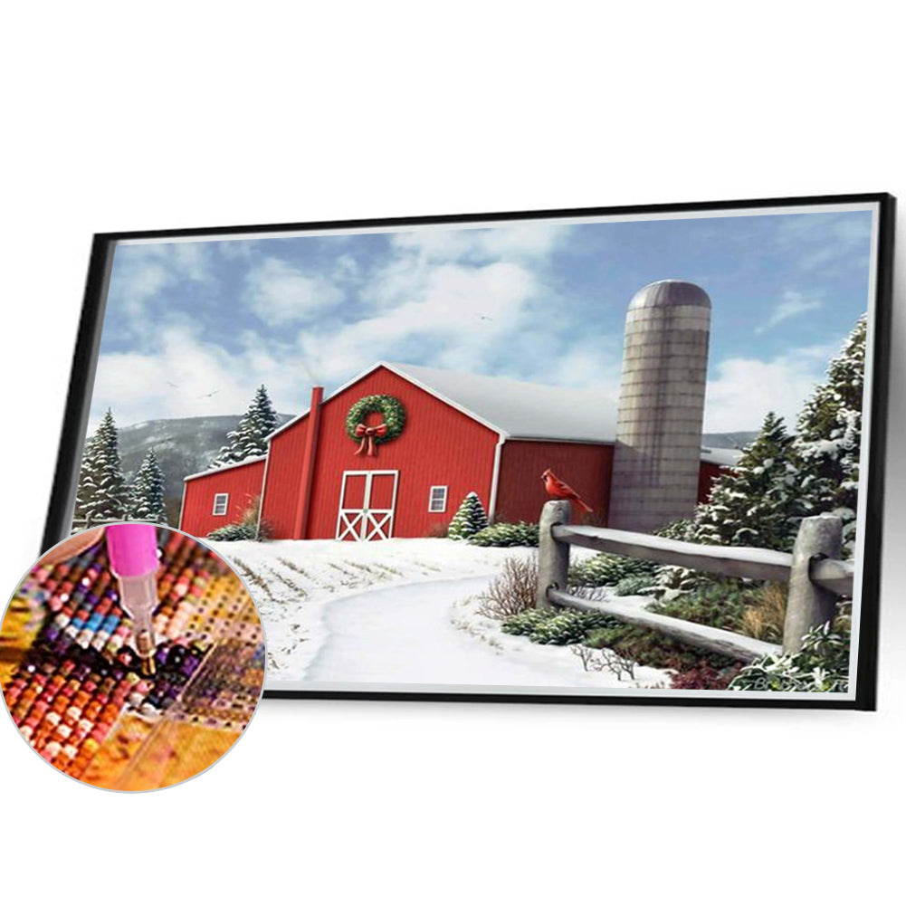 Red House With Snow Scenery - Full Round Drill Diamond Painting 40*30CM