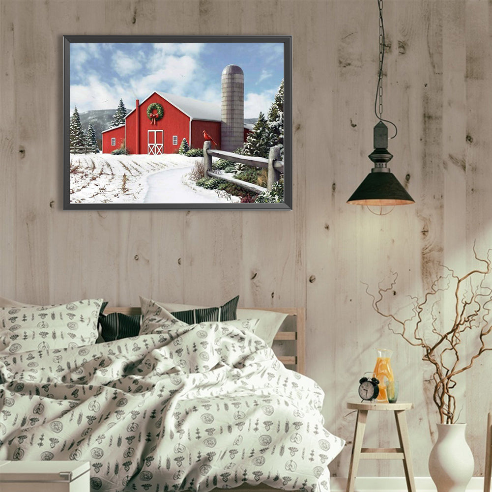 Red House With Snow Scenery - Full Round Drill Diamond Painting 40*30CM