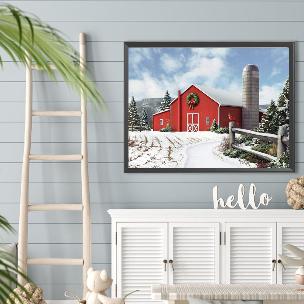 Red House With Snow Scenery - Full Round Drill Diamond Painting 40*30CM