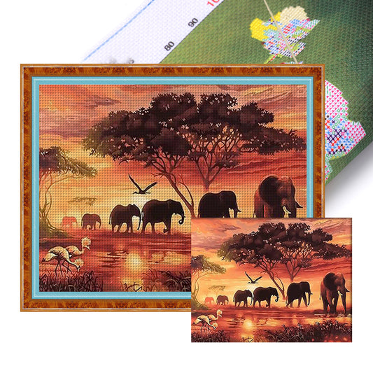 Elephants At Sunset - 11CT Stamped Cross Stitch 50*40CM