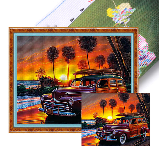 Car Under Sunset - 11CT Stamped Cross Stitch 50*40CM