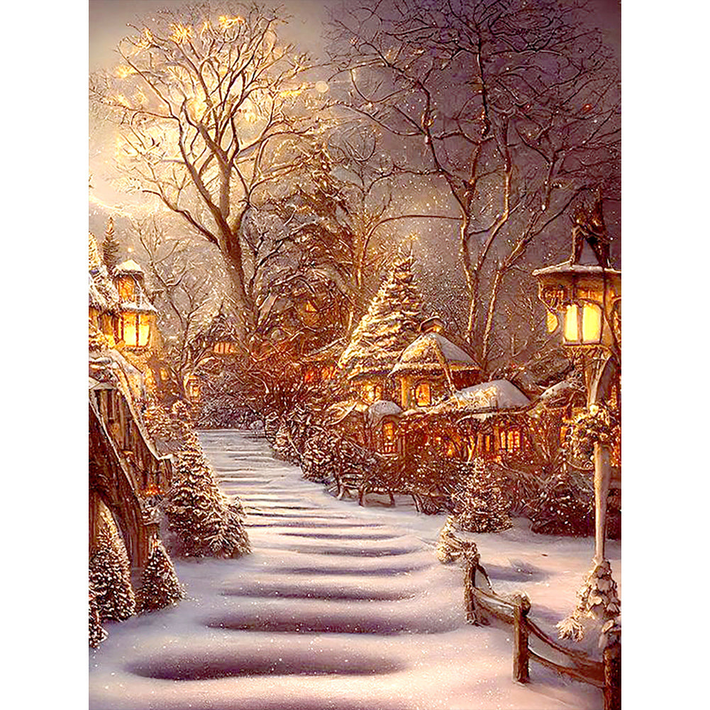 Snowy Night Street Scene - Full Round Drill Diamond Painting 30*40CM