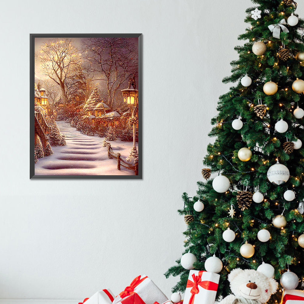 Snowy Night Street Scene - Full Round Drill Diamond Painting 30*40CM