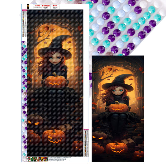 Halloween Little Witch Holding Pumpkin - Full Round Drill Diamond Painting 30*70CM