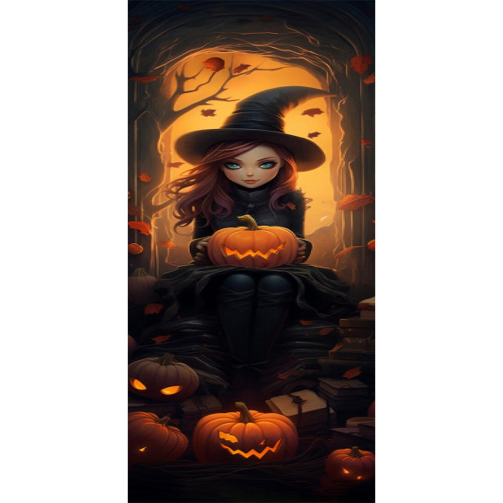 Halloween Little Witch Holding Pumpkin - Full Round Drill Diamond Painting 30*70CM