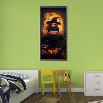 Halloween Little Witch Holding Pumpkin - Full Round Drill Diamond Painting 30*70CM