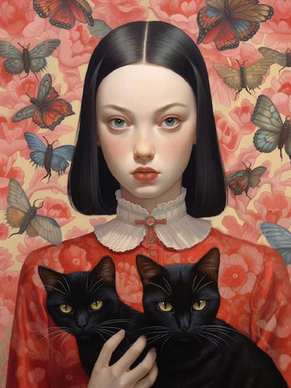 Black Cat Girl - Full Round Drill Diamond Painting 40*50CM