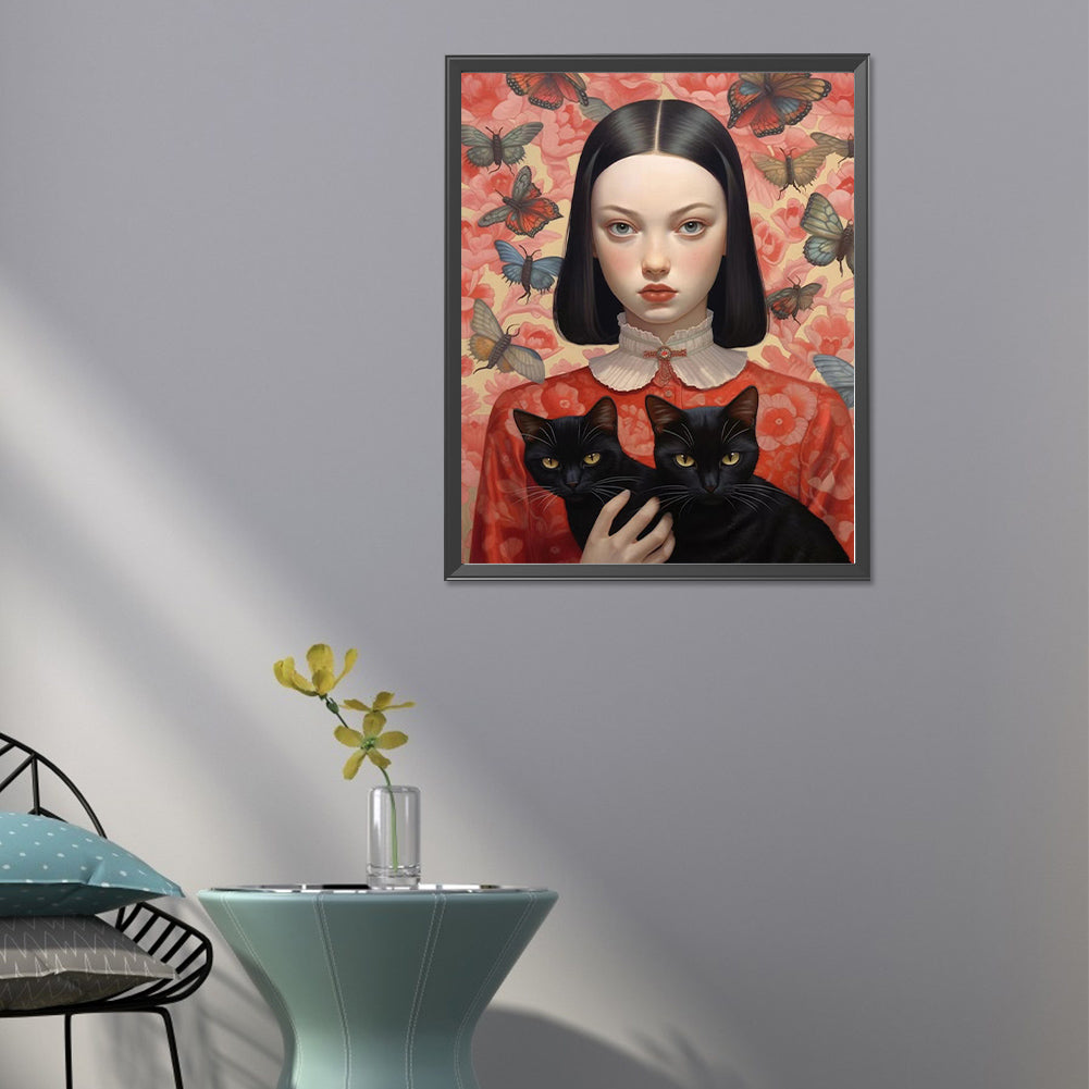 Black Cat Girl - Full Round Drill Diamond Painting 40*50CM