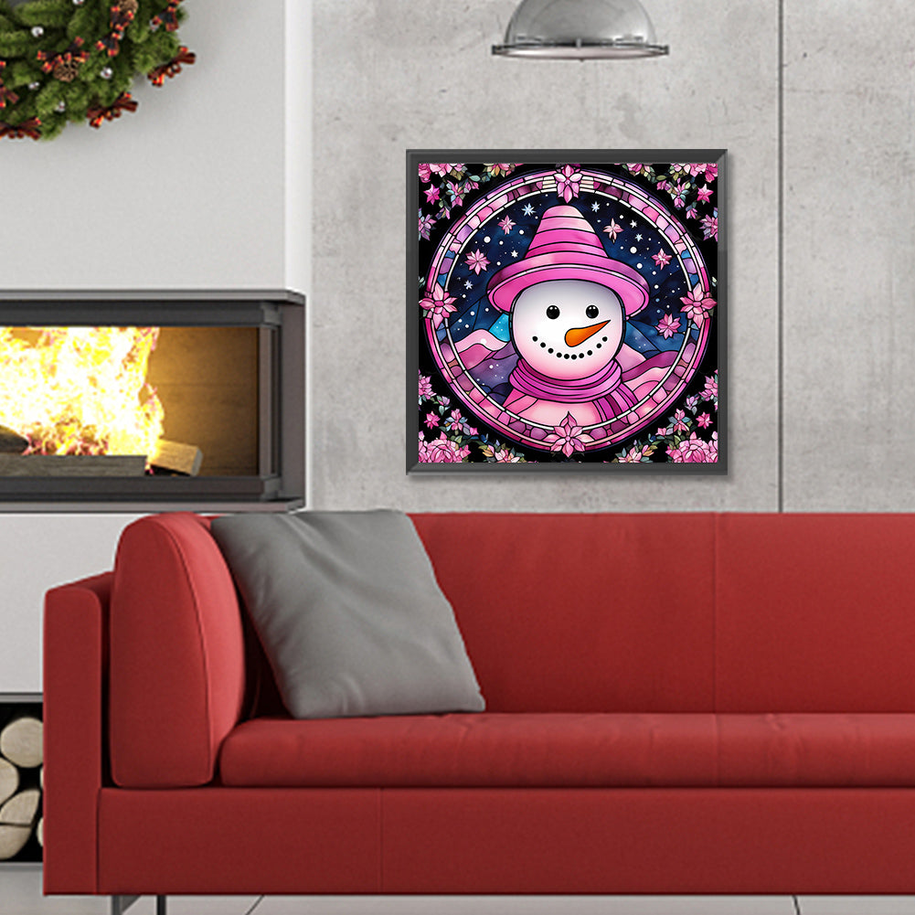 Pink Snowman Glass Painting - Full Round Drill Diamond Painting 30*30CM