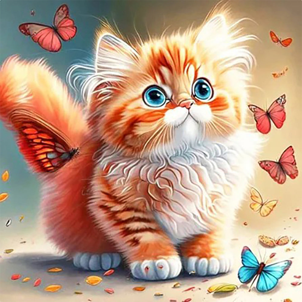 Butterfly And Kitten - Full Round Drill Diamond Painting 30*30CM