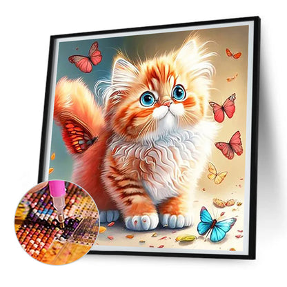 Butterfly And Kitten - Full Round Drill Diamond Painting 30*30CM