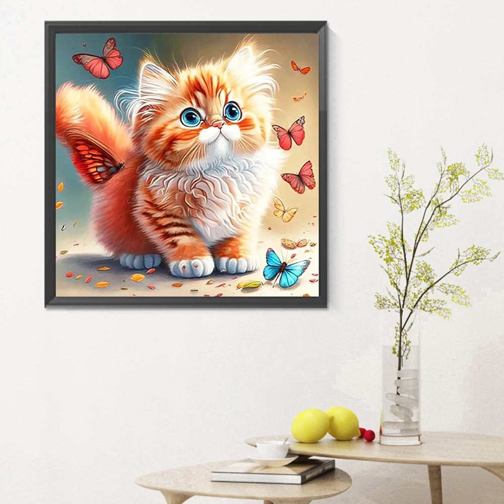 Butterfly And Kitten - Full Round Drill Diamond Painting 30*30CM