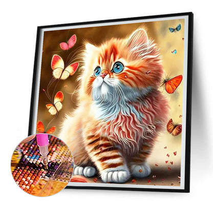 Butterfly And Kitten - Full Round Drill Diamond Painting 30*30CM