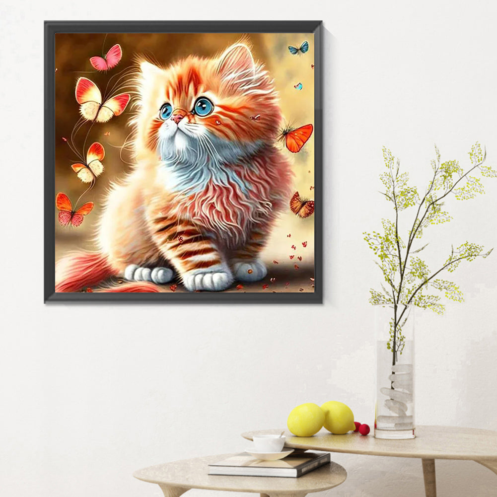 Butterfly And Kitten - Full Round Drill Diamond Painting 30*30CM