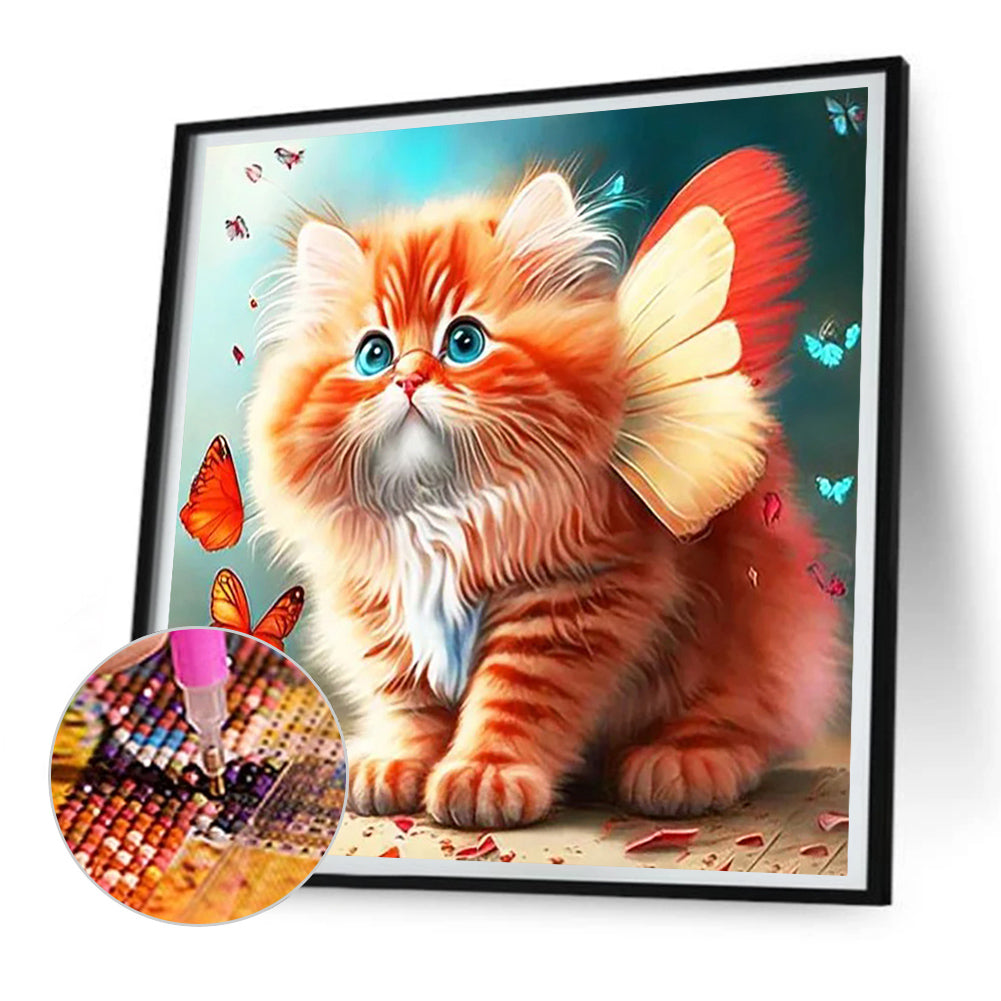 Butterfly And Kitten - Full Round Drill Diamond Painting 30*30CM