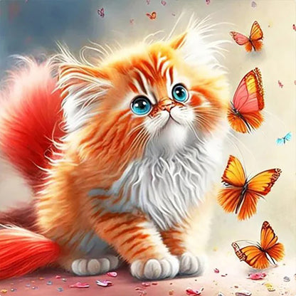 Butterfly And Kitten - Full Round Drill Diamond Painting 30*30CM