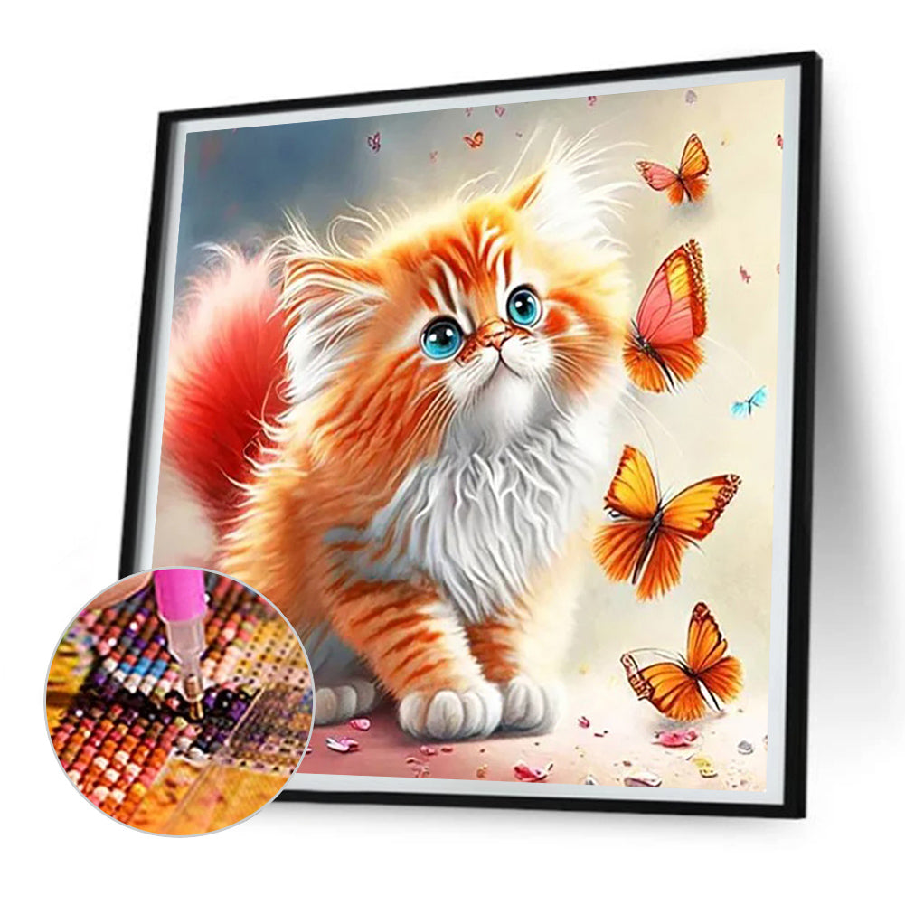 Butterfly And Kitten - Full Round Drill Diamond Painting 30*30CM