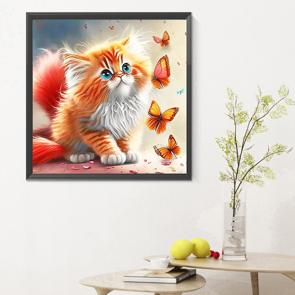 Butterfly And Kitten - Full Round Drill Diamond Painting 30*30CM