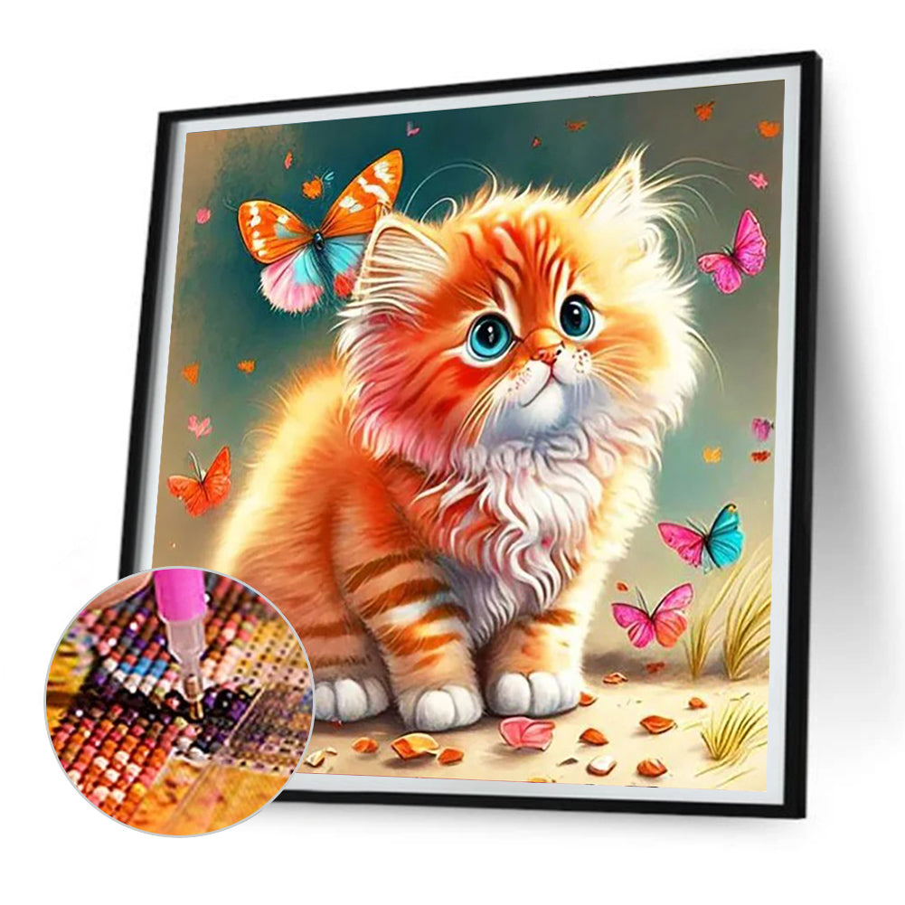 Butterfly And Kitten - Full Round Drill Diamond Painting 30*30CM