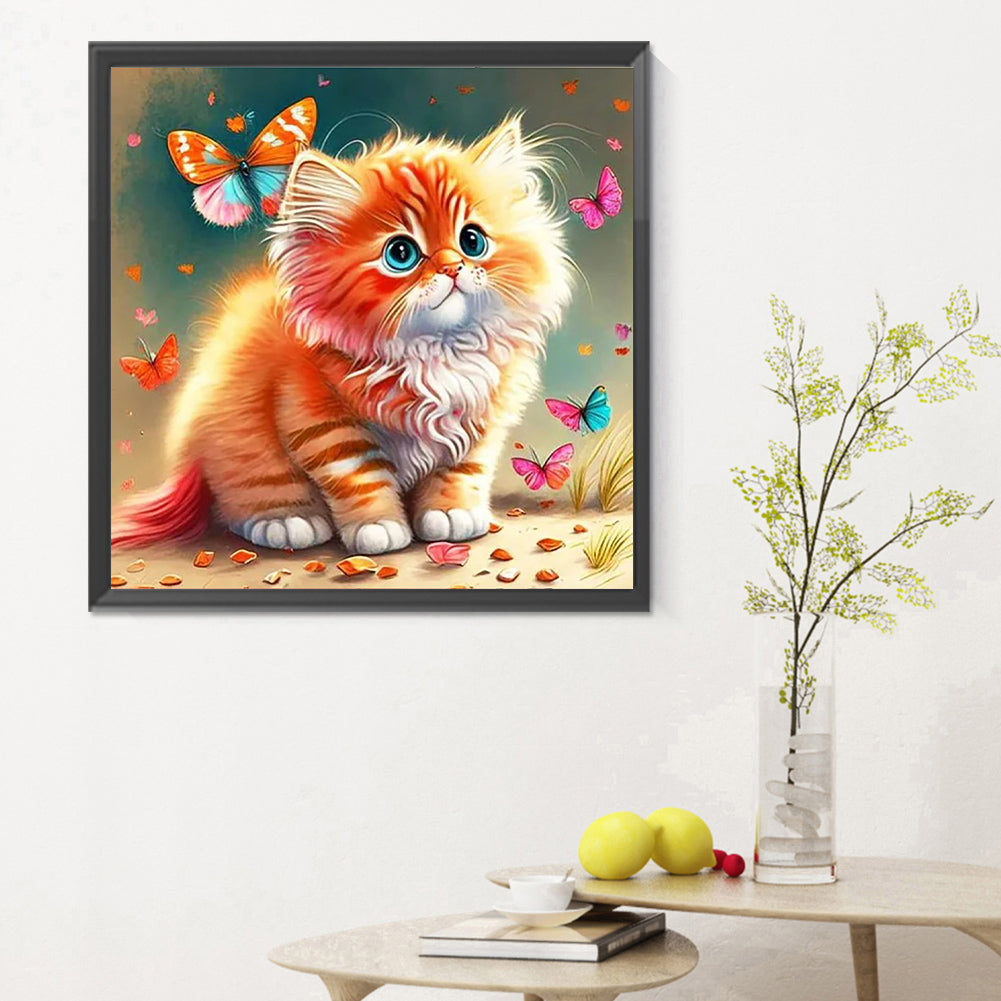 Butterfly And Kitten - Full Round Drill Diamond Painting 30*30CM