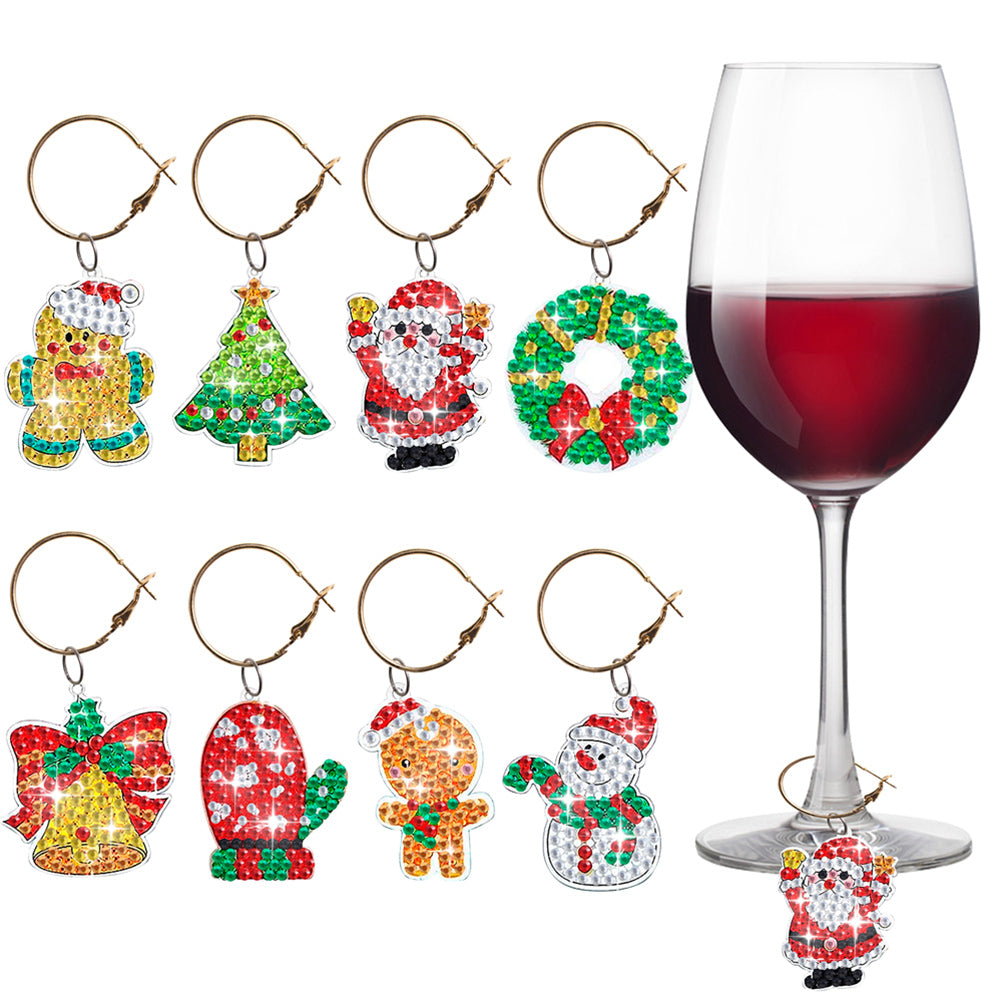 8PCS Diamond Painting Art Pendant Diamond Wine Glass Charms (Xmas Element #4)