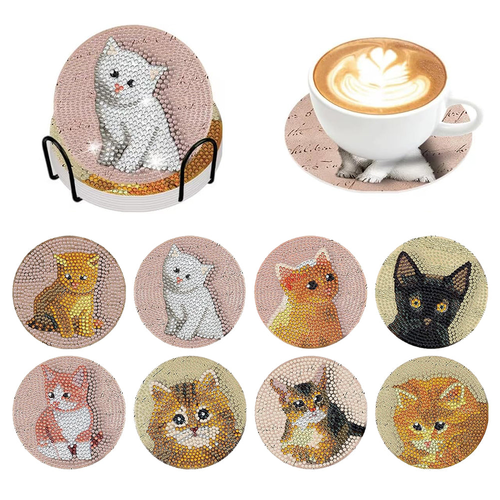 8PCS Special Shape Diamond Painting Art Coaster Kit with Holder (Cute Kitten)