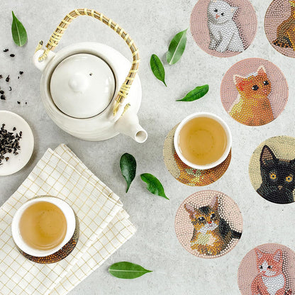 8PCS Special Shape Diamond Painting Art Coaster Kit with Holder (Cute Kitten)