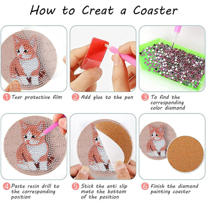 8PCS Special Shape Diamond Painting Art Coaster Kit with Holder (Cute Kitten)