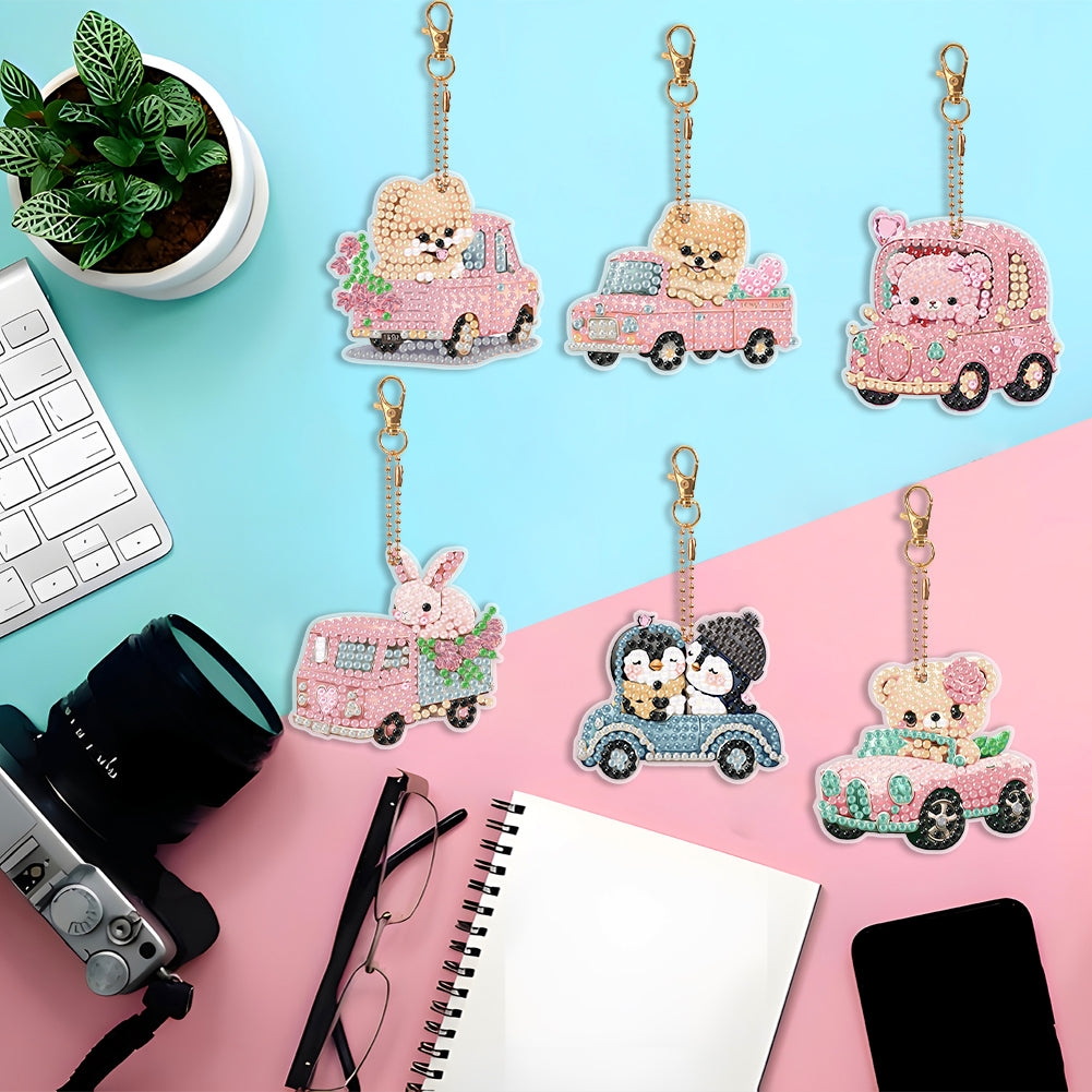 6 PCS Double Sided Special Shape Rhinestone Painting Keychain Pendant Bear Puppy