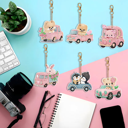 6 PCS Double Sided Special Shape Rhinestone Painting Keychain Pendant Bear Puppy