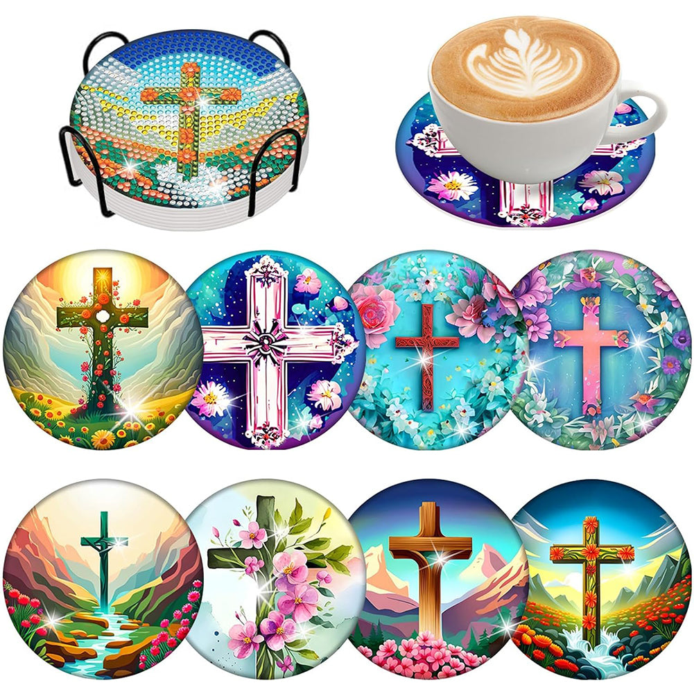 6PCS Special Shape Diamond Painting Crafts Coaster with Holder (Crucifix)