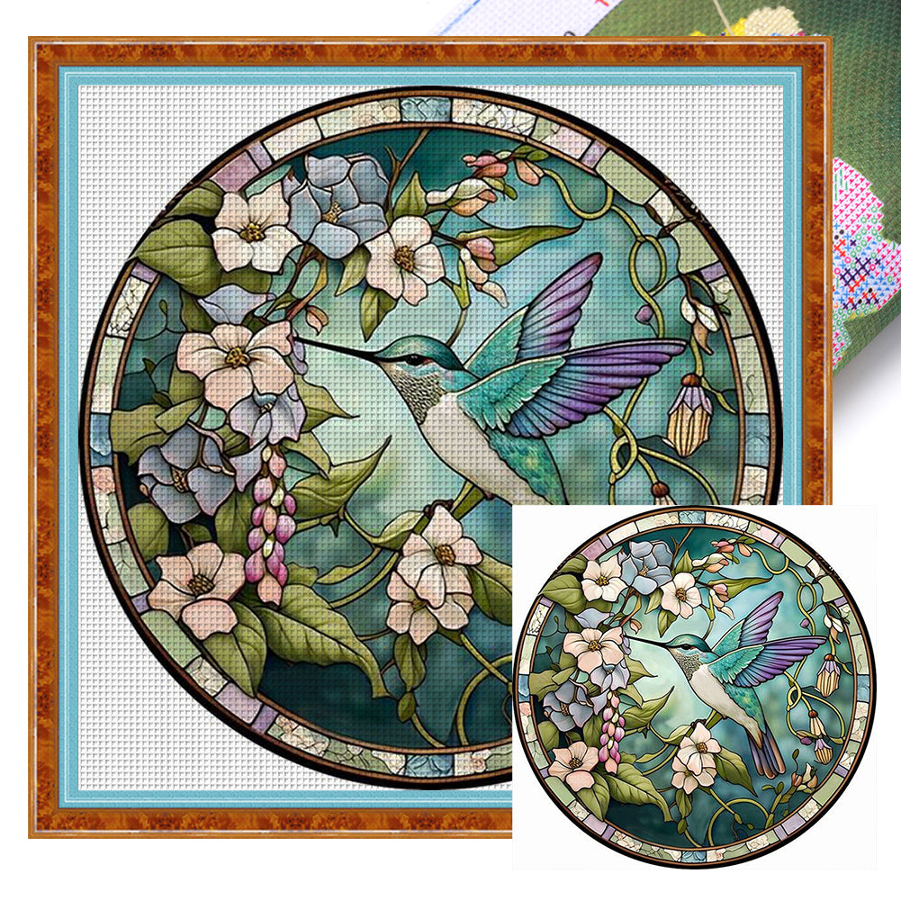 Glass Painting-Flowers And Hummingbirds - 14CT Stamped Cross Stitch 40*40CM