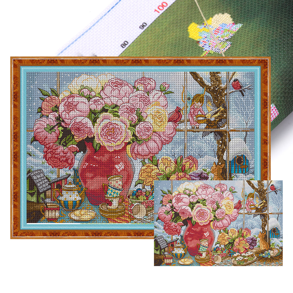 Peony And Elf - 14CT Stamped Cross Stitch 57*38CM£¨Joy Sunday£©