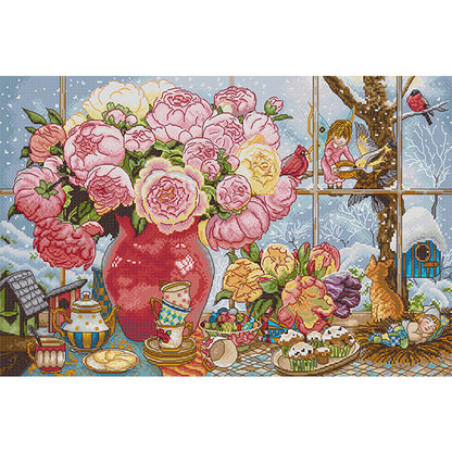 Peony And Elf - 14CT Stamped Cross Stitch 57*38CM£¨Joy Sunday£©