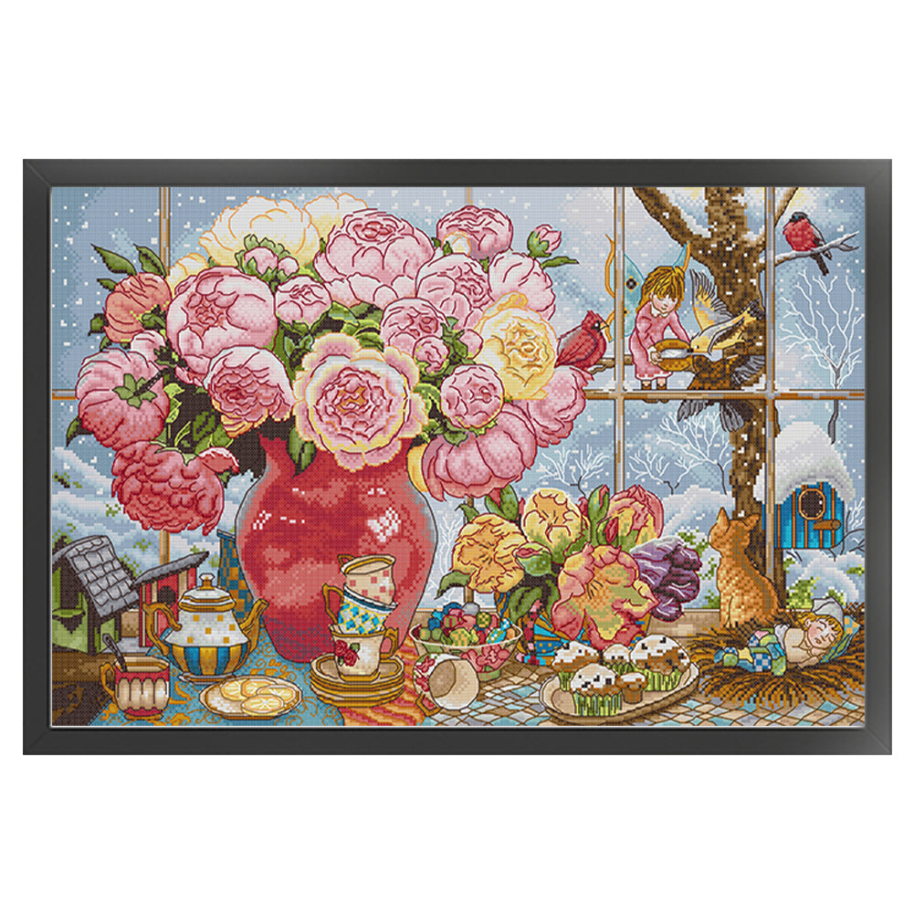 Peony And Elf - 14CT Stamped Cross Stitch 57*38CM£¨Joy Sunday£©