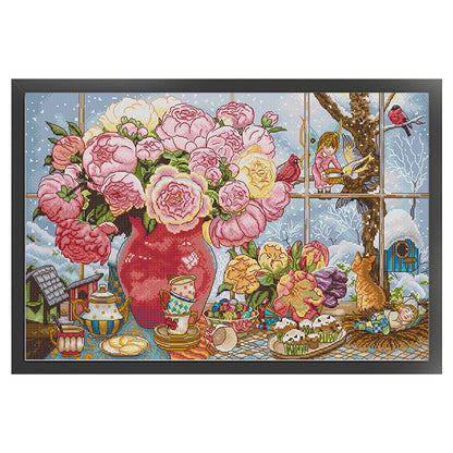 Peony And Elf - 14CT Stamped Cross Stitch 57*38CM£¨Joy Sunday£©