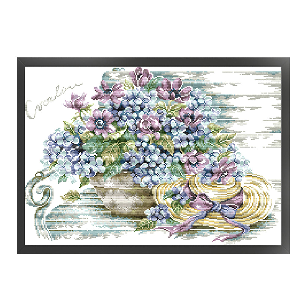 Hat With Blue Hydrangeas - 14CT Stamped Cross Stitch 48*37CM£¨Joy Sunday£©