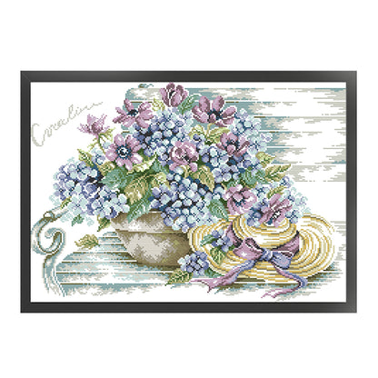 Hat With Blue Hydrangeas - 14CT Stamped Cross Stitch 48*37CM£¨Joy Sunday£©