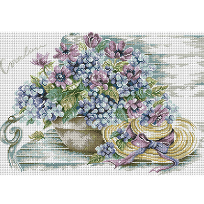 Hat With Blue Hydrangeas - 14CT Stamped Cross Stitch 48*37CM£¨Joy Sunday£©