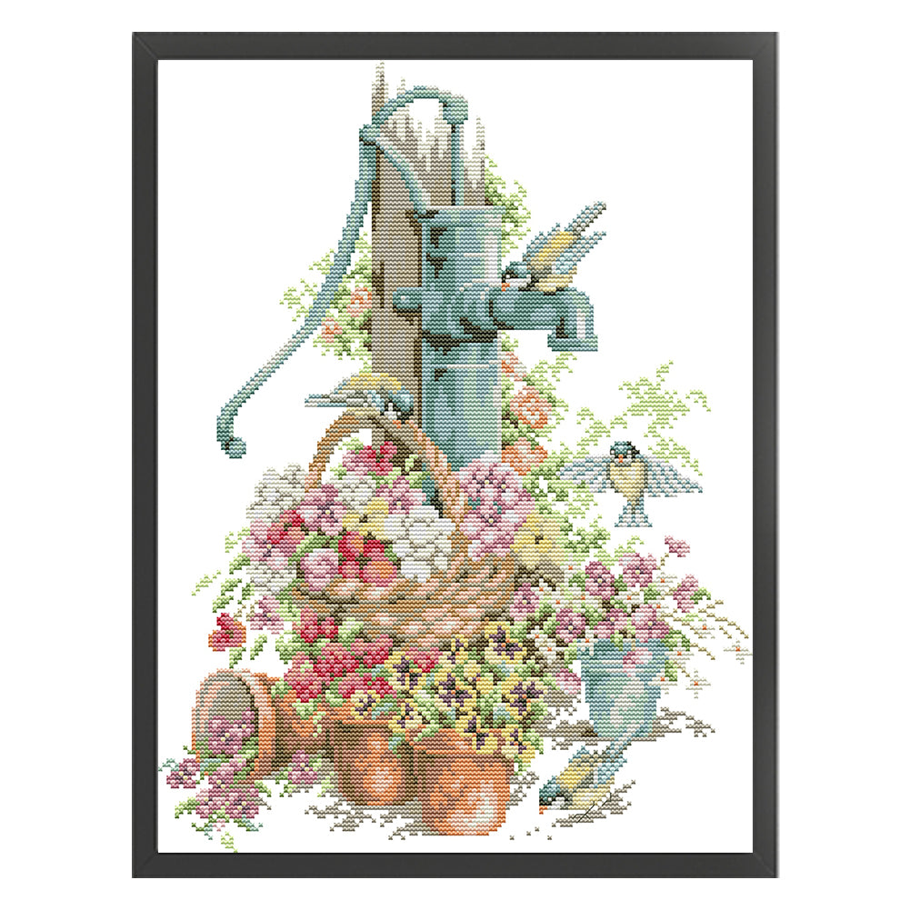 Water Pump And Flowers - 14CT Stamped Cross Stitch 33*42CM£¨Joy Sunday£©