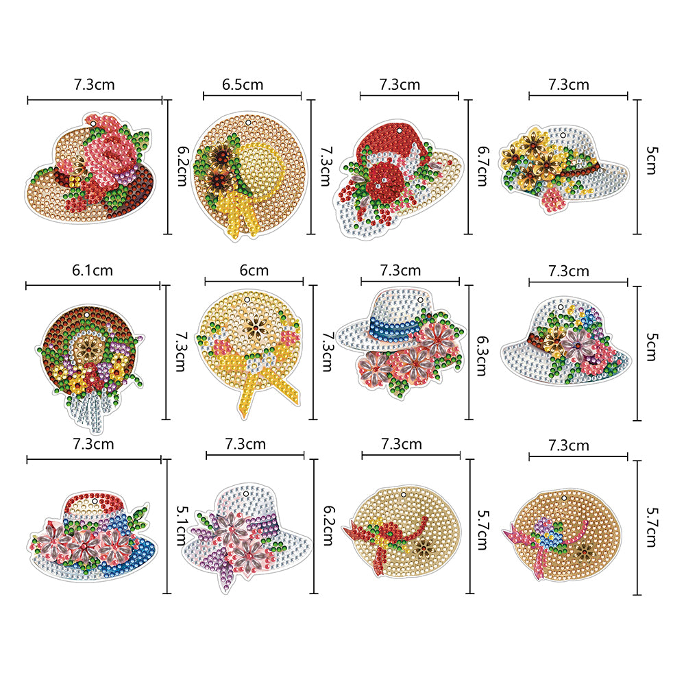 12PCS Diamond Art Keyring Hats Double Sided Rhinestone Painting Keychain Pendant